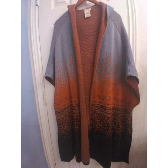 Matta Hooded Cardigan Sweater Knit Open Front Poncho Cape Gray Orange - Picture 1 of 5